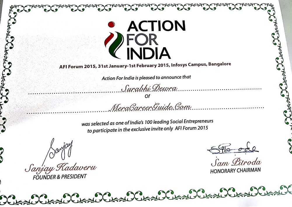 Action For India certificate: Surabhi Dewra of MeraCareerGuide.com selected as one of India's 100 leading social entrepreneurs for the AFI Forum 2015