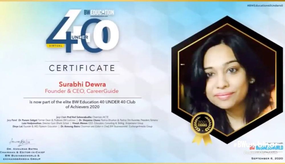 BW Education 40 Under 40 certificate naming Surabhi Dewra, Founder and CEO, CareerGuide, to the Club of Achievers 2020