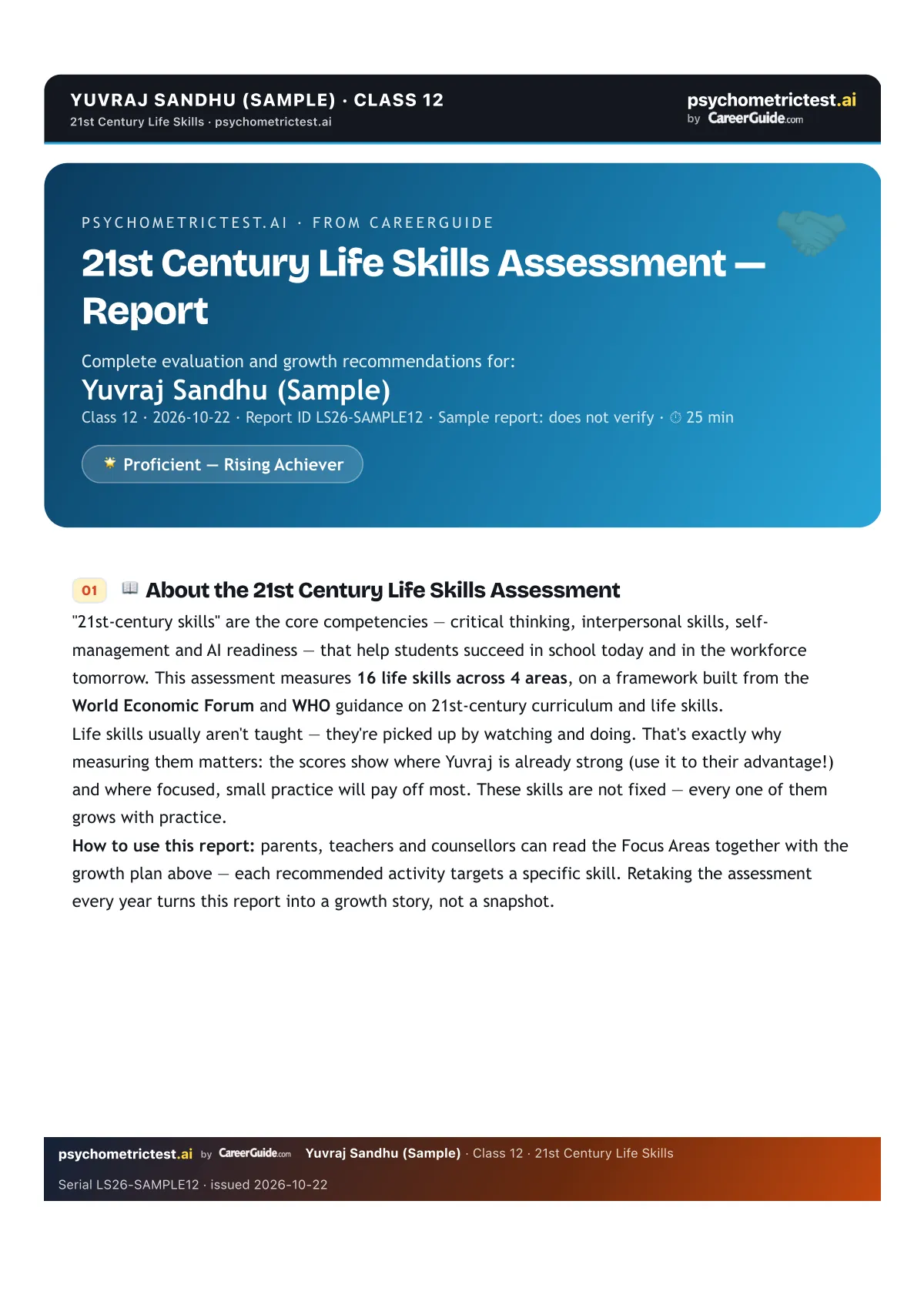 Page 1 of 21 of the 21st Century Life Skills Assessment Class 12 sample report: The cover and about the assessment
